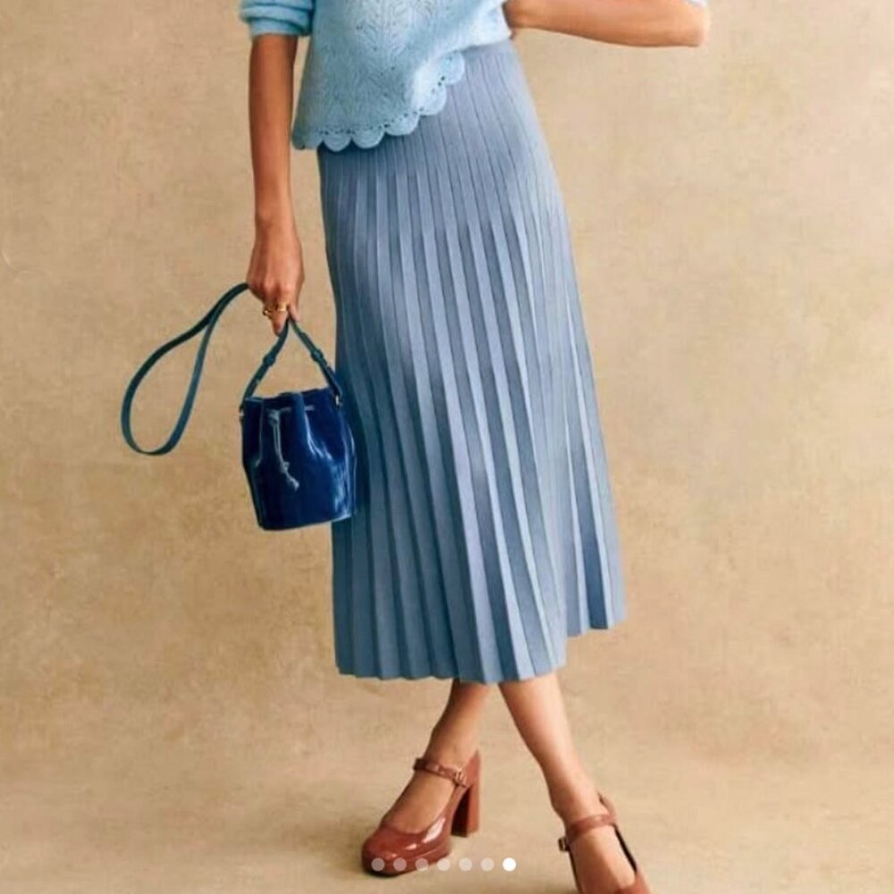 Sezane Leonine Pleated Knit Midi Skirt Vintage Blue Small